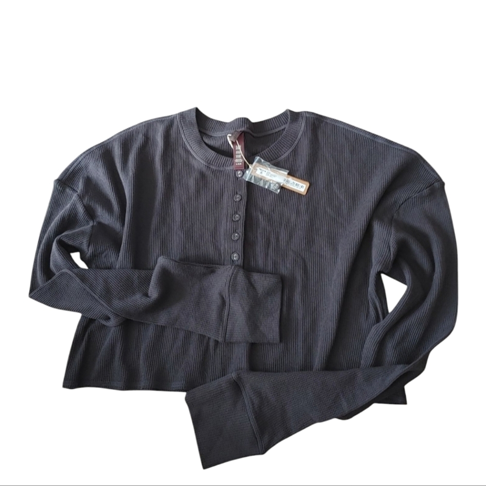 SKIMS Waffle Henley Long Sleeve Top Colour Ash